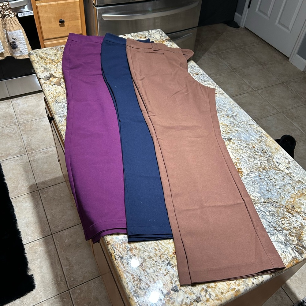 New York & Company Deep Purple/ blue and brown Pants.. 3 pair in very good.